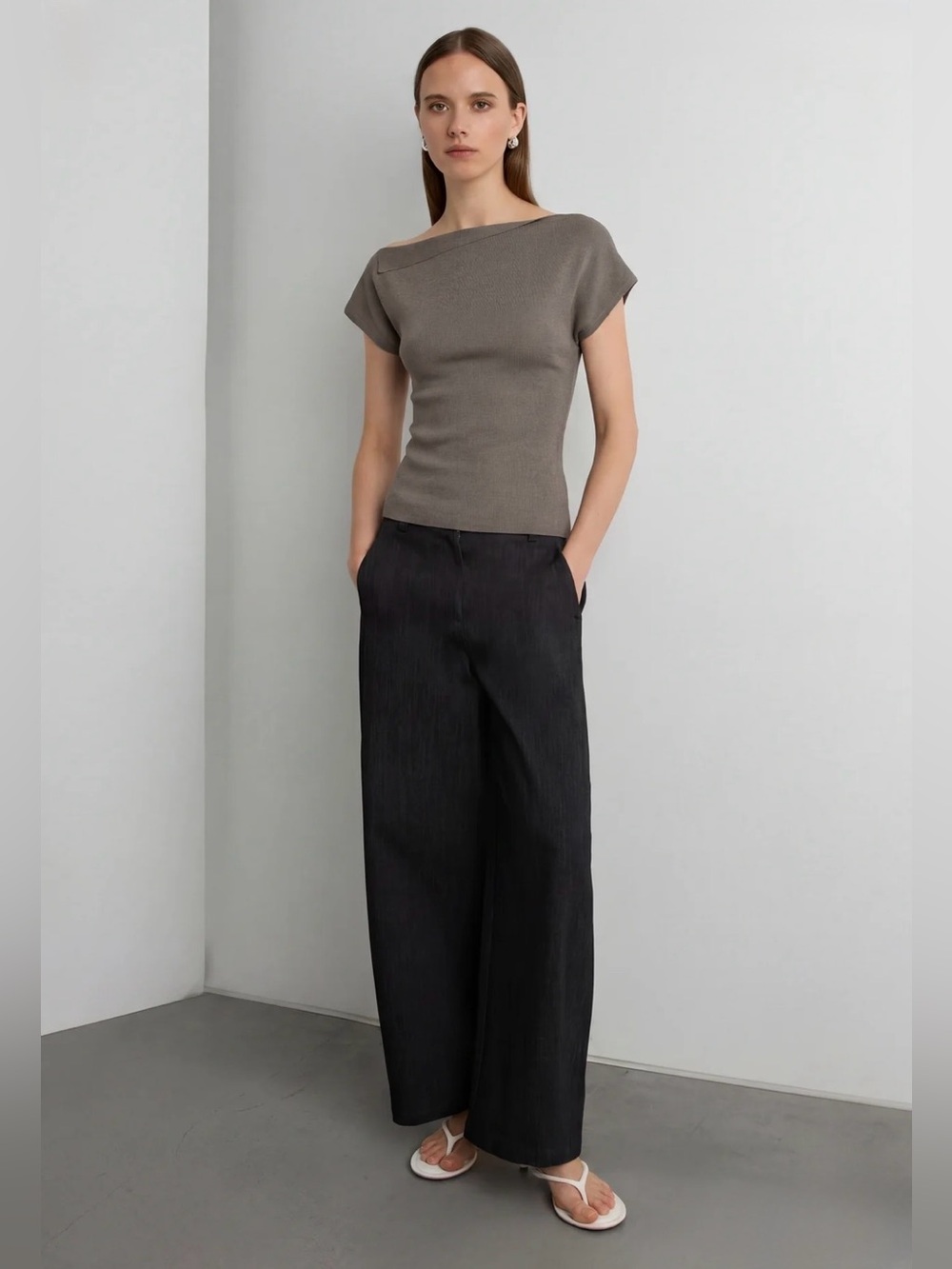 Oak + Fort Asymmetrical Off the Shoulder Cap Sleeve Sweater